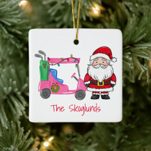 Santa Pink Golf Cart Weihnachten mit Lichterkranz Keramikornament