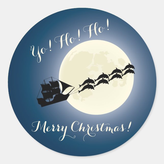 Santa Pirate Schiff mit Delphinen Weihnachtsfeiert Runder Aufkleber (Vorderseite)
