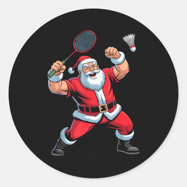 Santa Playing Badminton Funny Holiday Christmas Xm Runder Aufkleber (Vorderseite)