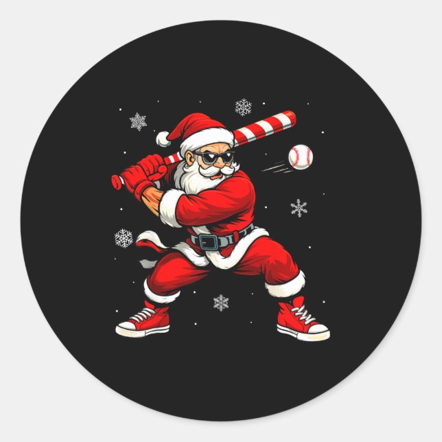 Santa Playing Baseball Xmas Funny Christmas Baseba Runder Aufkleber (Vorderseite)