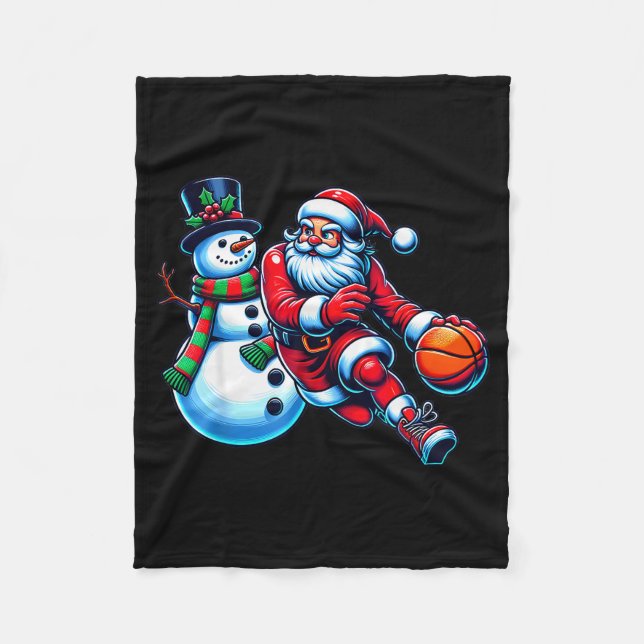 Santa Playing Basketball With A Snowman Christmas  Fleecedecke (Vorderseite)