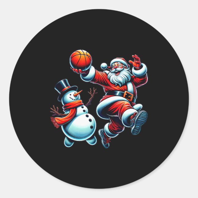 Santa Playing Basketball With A Snowman Christmas  Runder Aufkleber (Vorderseite)