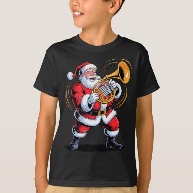 Santa Playing French Horn Funny Holiday Chrismas X T-Shirt (Vorderseite)