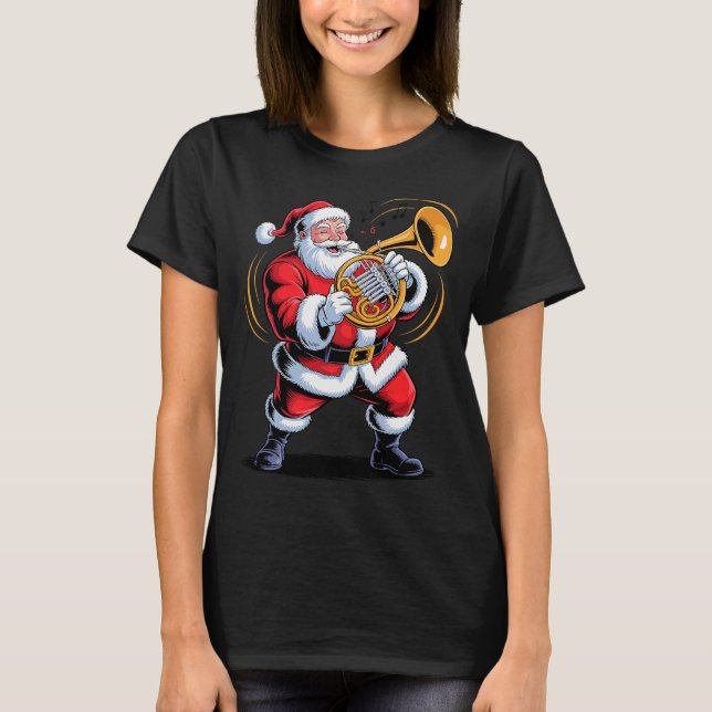 Santa Playing French Horn Funny Holiday Chrismas X T-Shirt (Vorderseite)