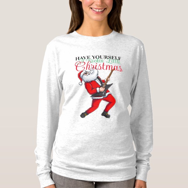 Santa Playing Gitarre Funny Weihnachten Langschläf T-Shirt (Vorderseite)