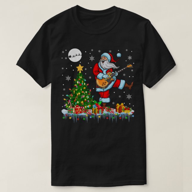 Santa Playing Gitarre Weihnachtsbaum Lights Guitar T-Shirt (Design vorne)