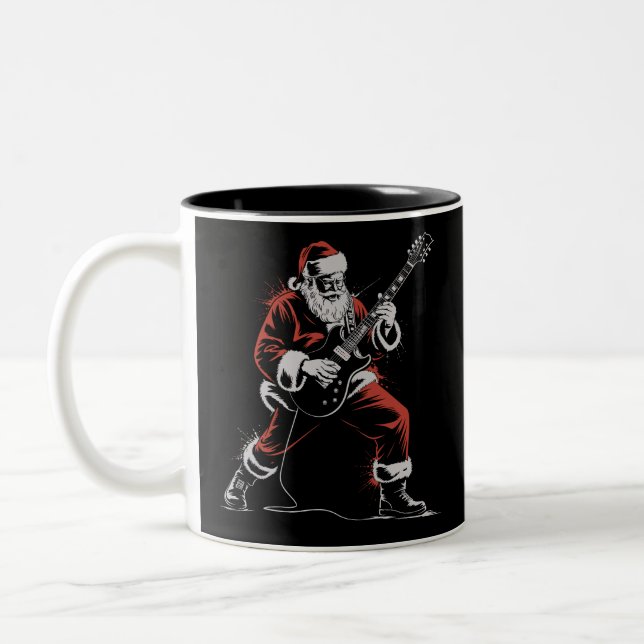 Santa Playing Guitar Retro 90s Christmas Rock  Zweifarbige Tasse (Links)