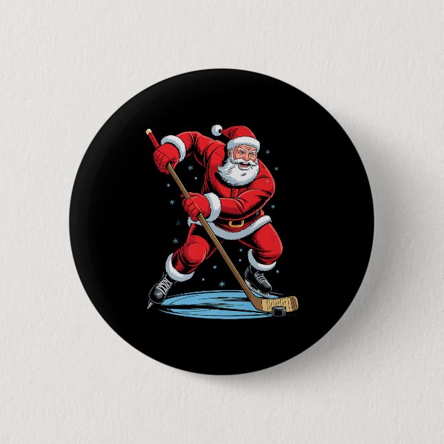 Santa Playing Hockey Funny Holiday Christmas Xmas  Button (Vorderseite)
