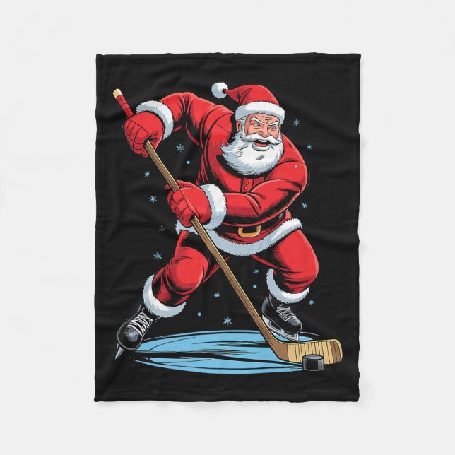 Santa Playing Hockey Funny Holiday Christmas Xmas  Fleecedecke (Vorderseite)