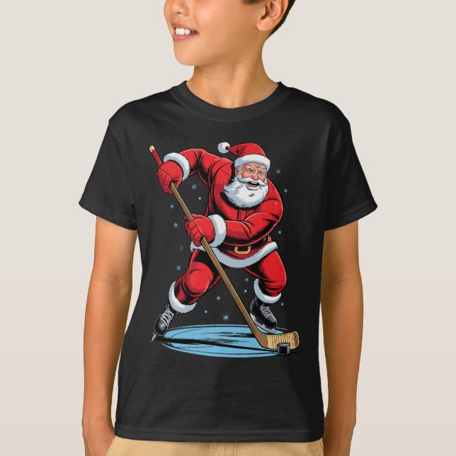 Santa Playing Hockey Funny Holiday Christmas Xmas  T-Shirt (Vorderseite)