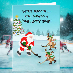 Santa Playing Hockey mit Rentier Weihnachten Karte