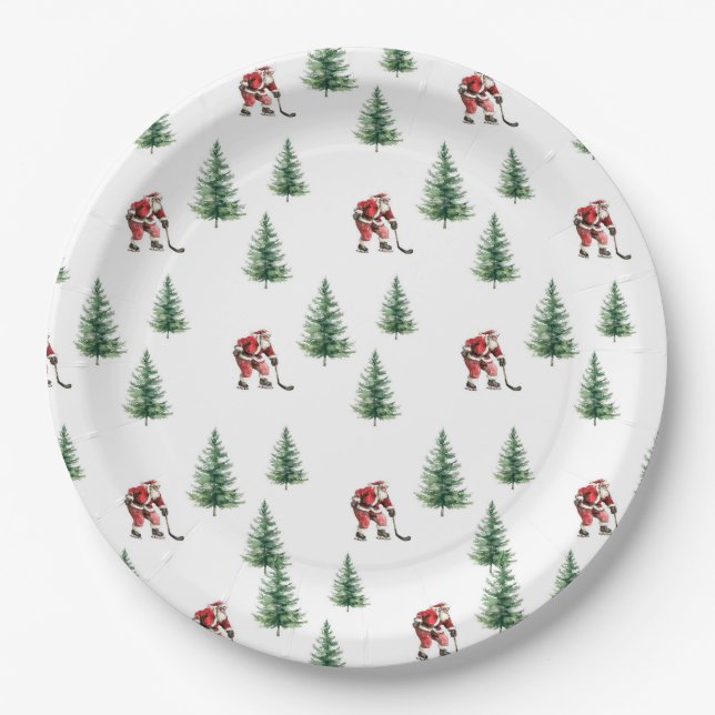 Santa Playing Hockey Napkin Geschenk Weihnachts-Pa Pappteller (Vorderseite)
