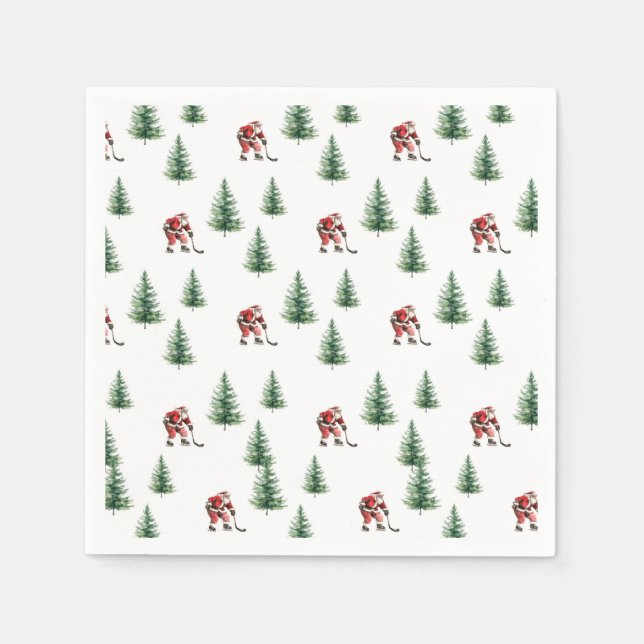 Santa Playing Hockey Napkin Geschenk Weihnachts-Pa Serviette (Vorderseite)