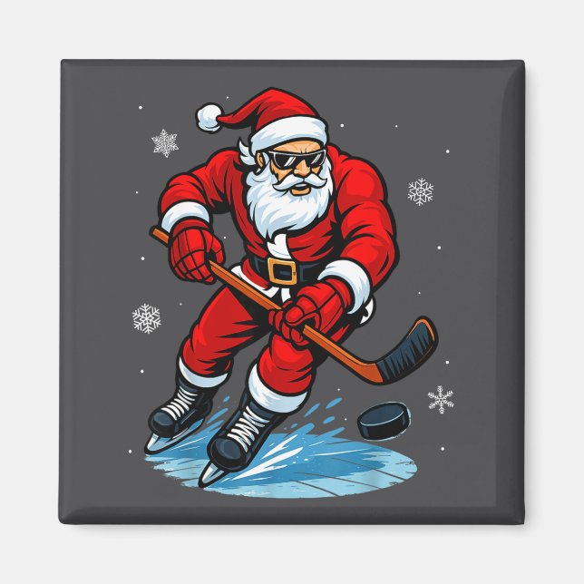 Santa Playing Ice Hockey Xmas Funny Christmas Hock Magnet (Vorne)