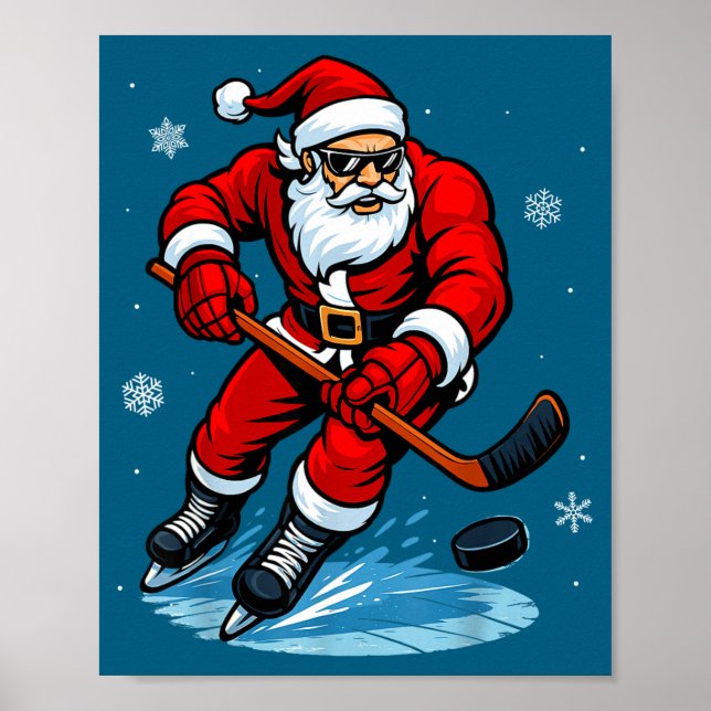 Santa Playing Ice Hockey Xmas Funny Christmas Hock Poster (Vorne)