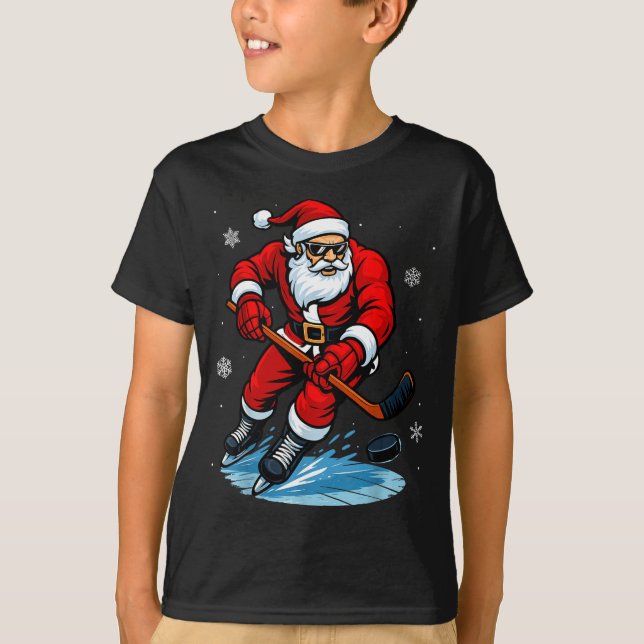 Santa Playing Ice Hockey Xmas Funny Christmas Hock T-Shirt (Vorderseite)