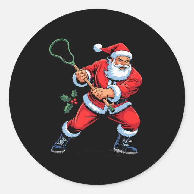 Santa Playing Lacrosse Funny Holiday Christmas Xma Runder Aufkleber (Vorderseite)