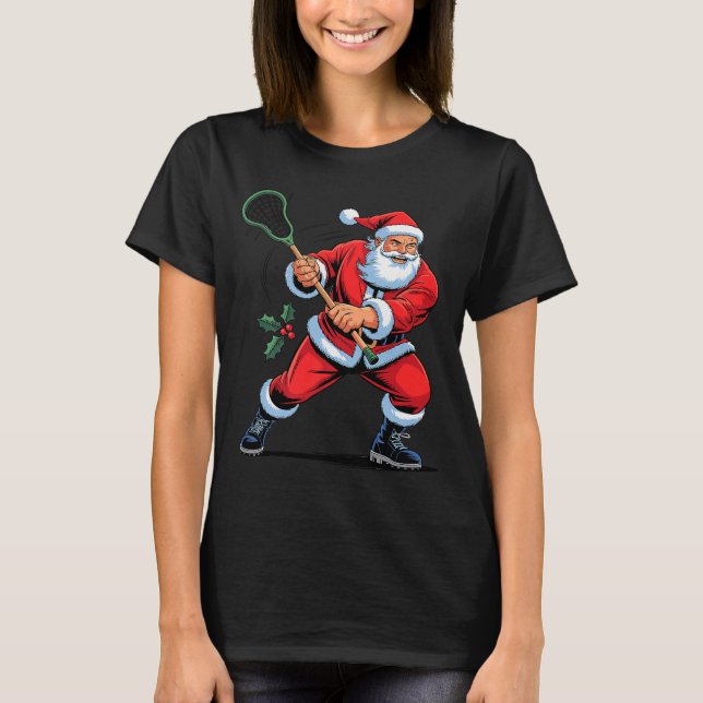 Santa Playing Lacrosse Funny Holiday Christmas Xma T-Shirt (Vorderseite)