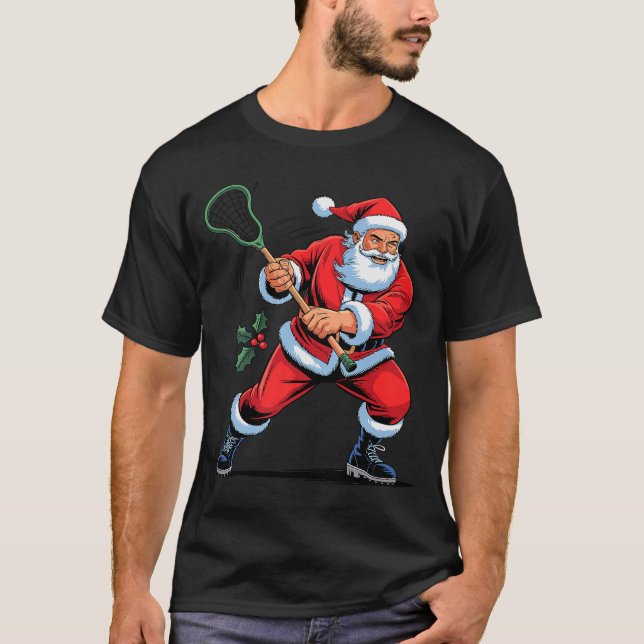 Santa Playing Lacrosse Funny Holiday Christmas Xma T-Shirt (Vorderseite)