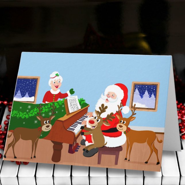 Santa Playing Piano with Reindeer Blank  Karte (Von Creator hochgeladen)