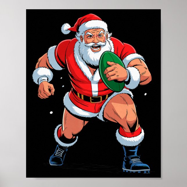 Santa Playing Rugby Funny Holiday Christmas Xmas P Poster (Vorne)