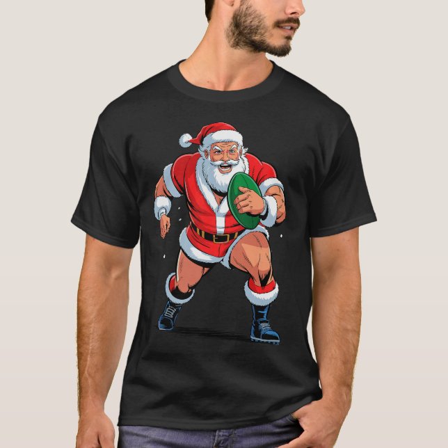 Santa Playing Rugby Funny Holiday Christmas Xmas P T-Shirt (Vorderseite)