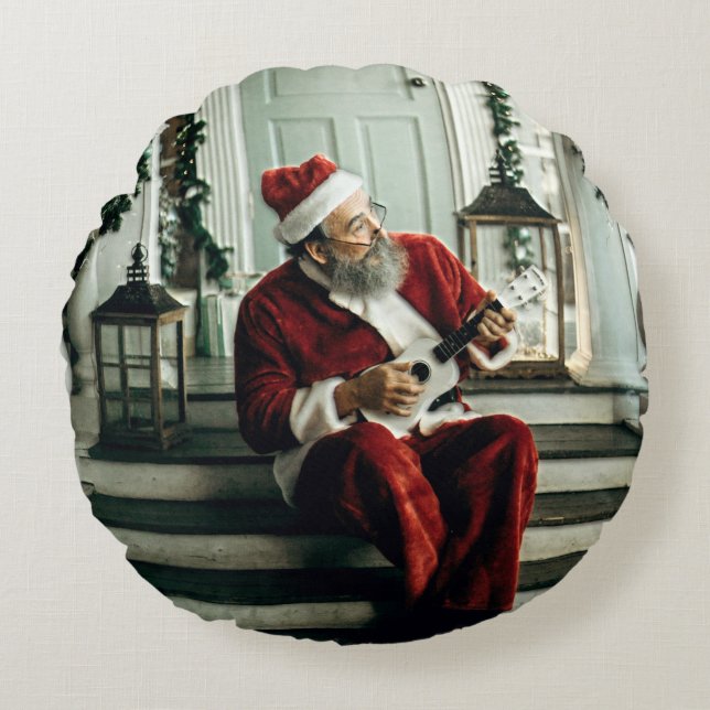 Santa Playing Rundes Kissen (Vorderseite)
