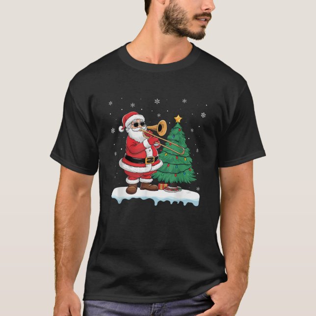 Santa Playing Trombone Boys Mädchen Kinder Baumleu T-Shirt (Vorderseite)
