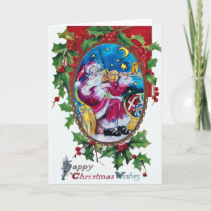 SANTA PLAYING VIOLIN Christmas Crown, Hollyberries Feiertagskarte