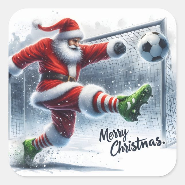 Santa Plays Soccer im Winter Wonderland Quadratischer Aufkleber (Vorderseite)