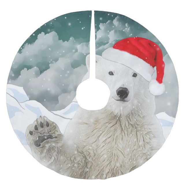 Santa Polar Bear | Beary Christmas Tree Skirt Polyester Weihnachtsbaumdecke (Vorderseite)