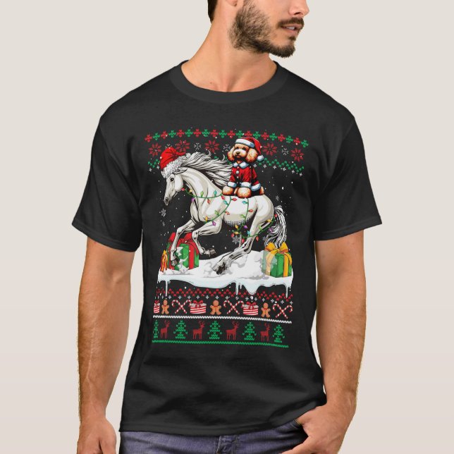 Santa Poodle Reiten Weihnachten T-Shirt (Vorderseite)