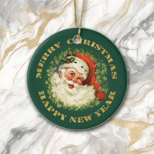 Santa Portrait Gold Text Keramikornament