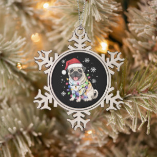 Santa Pug Weihnachtslichter Xmas Hunde Liebhaber Schneeflocken Zinn-Ornament