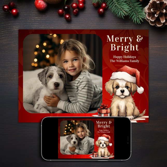 Santa Puppy Merry und helles Foto Hund Weihnachten (Printed and Digital - Santa Puppy Merry and Bright Photo Dog Christmas Holiday Card)