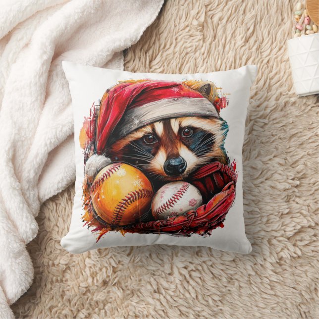 Santa Raccoon & Baseballs Holiday Throw Pillow  Kissen (Decke)