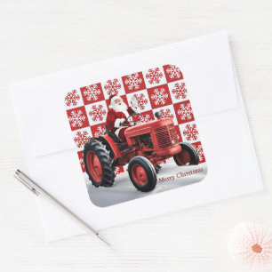 Santa Red Tractor Vintag Farm Weihnachten Quadratischer Aufkleber