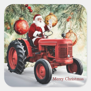 Santa Red Tractor Vintag Farm Weihnachten Quadratischer Aufkleber