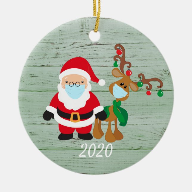 Santa Reindeer 2020 Gesichtsmaske Covid Wood Keramik Ornament (Vorne)