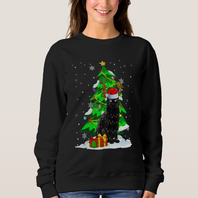 Santa Reindeer Black Cat Xmas Tree Lights Christma Sweatshirt (Vorderseite)