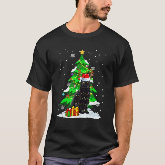 Santa Reindeer Black Cat Xmas Tree Lights Christma T-Shirt (Vorderseite)