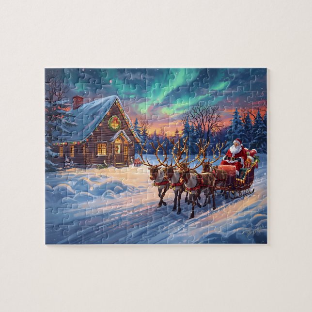 Santa Reindeer Cabin Northern Lights Christmas Puzzle (Horizontal)