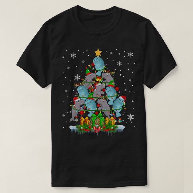 Santa Reindeer Elf Manatees Weihnachtsbaumleuchten T-Shirt (Design vorne)