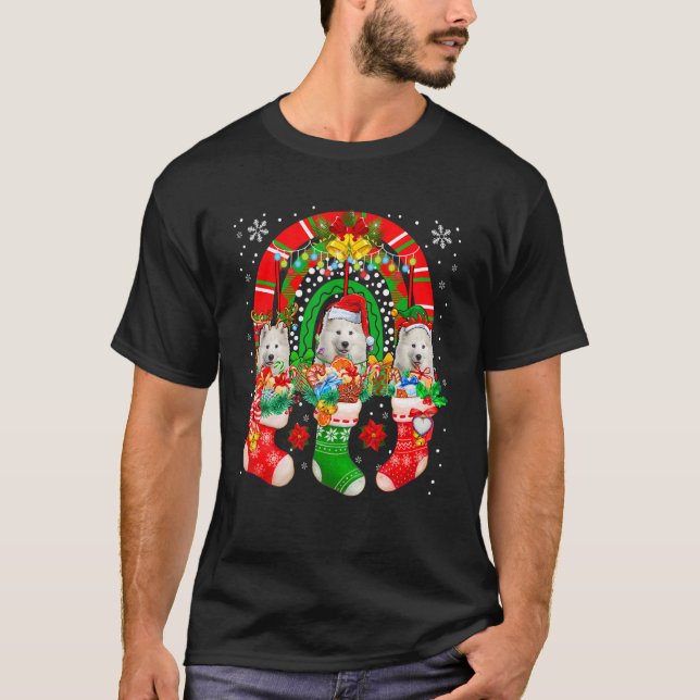 Santa Reindeer Elf Samoyed Hunde in Weihnachtssock T-Shirt (Vorderseite)
