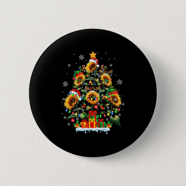 Santa Reindeer Elf Sunflowers As Xmas Tree Flowers Button (Vorderseite)