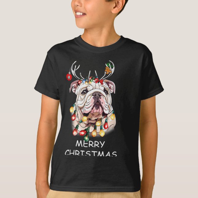 Santa Reindeer English Bulldog Dog Christmas Light T-Shirt (Vorderseite)