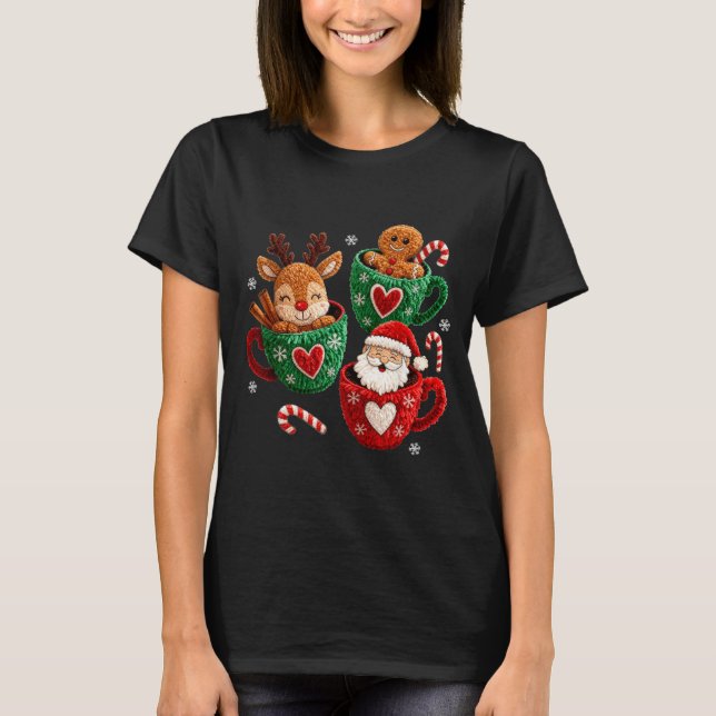 Santa Reindeer Gingerbread Faux Yarn Christmas  T-Shirt (Vorderseite)