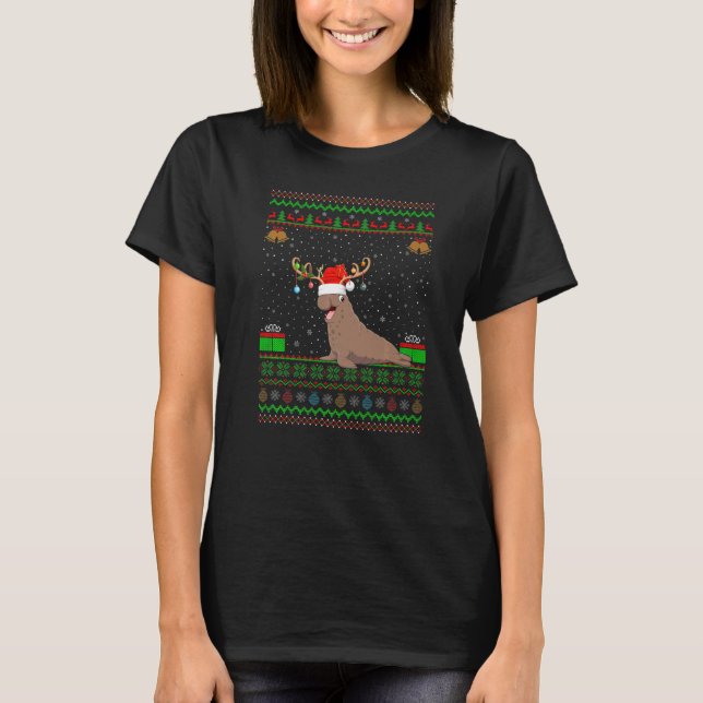 Santa Reindeer Hat Matching Ugly Elephant Siegel C T-Shirt (Vorderseite)
