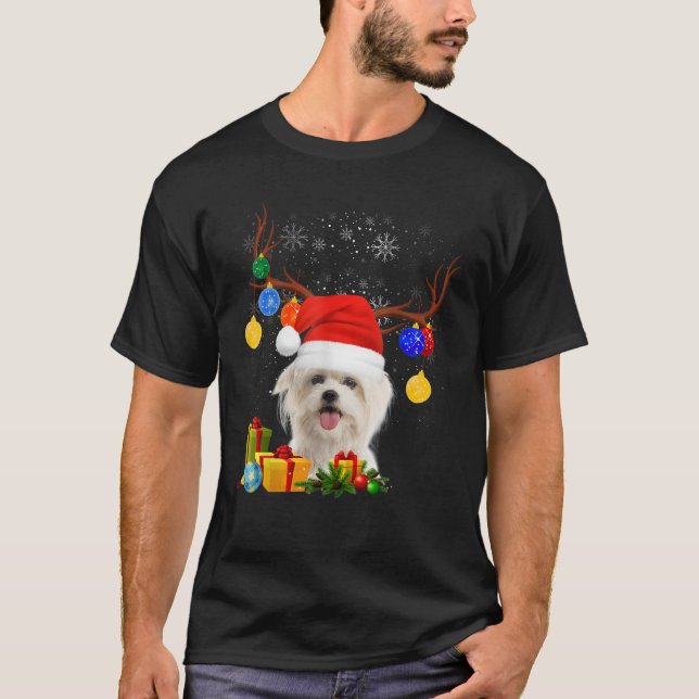 Santa Reindeer Maltese Dog Christmas Lights Xmas  T-Shirt (Vorderseite)