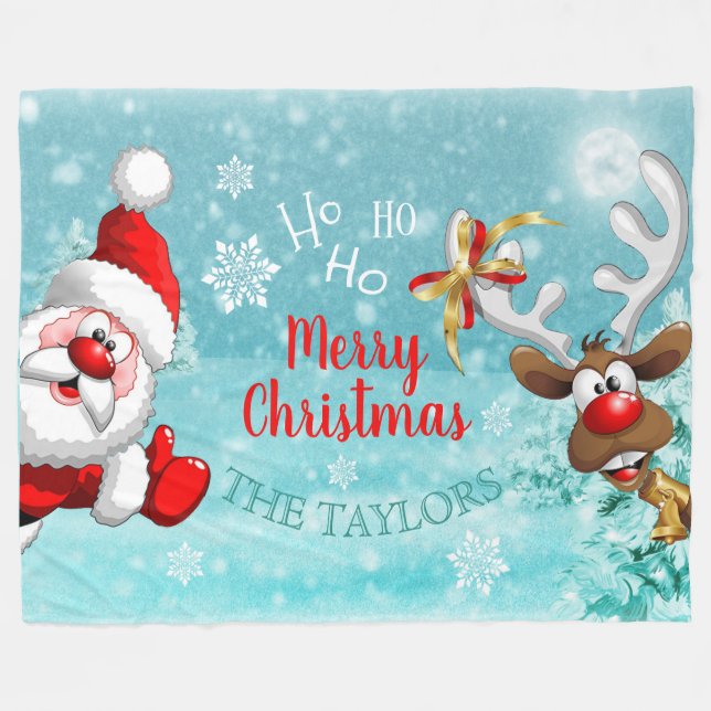Santa Reindeer Merry Christmas Fleece Blanket (Vorderseite (Horizontal))